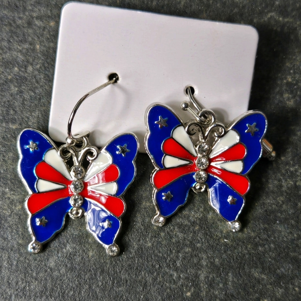 Butterfly Earrings American Independence Day Style Enamel Buttefly Rhibestone